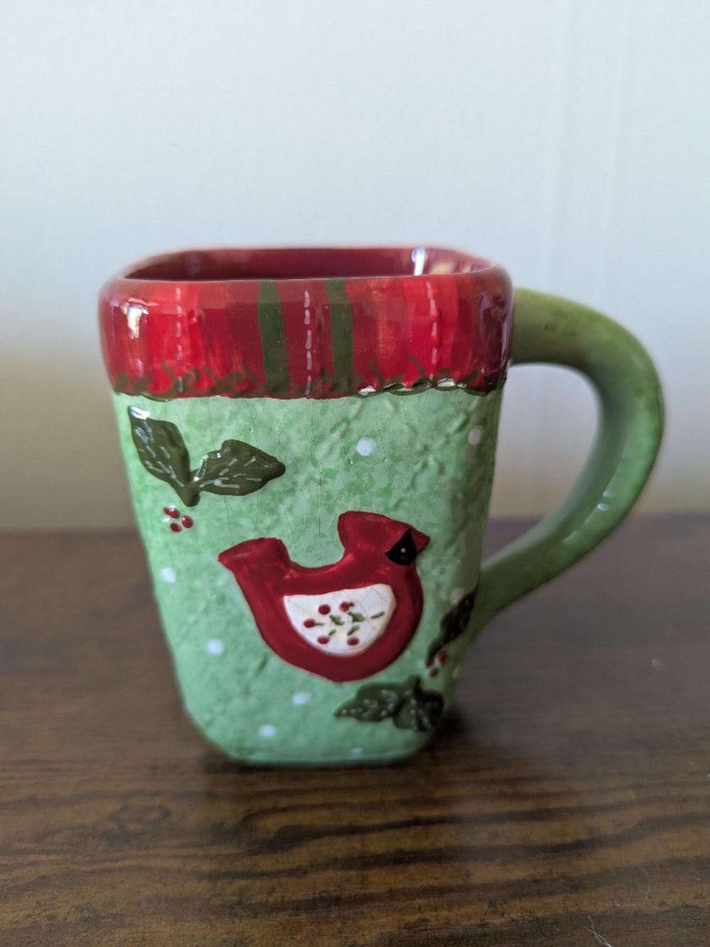 Cracker Barrel Christmas Quilt Cardinal 12 oz Square Holiday Mug